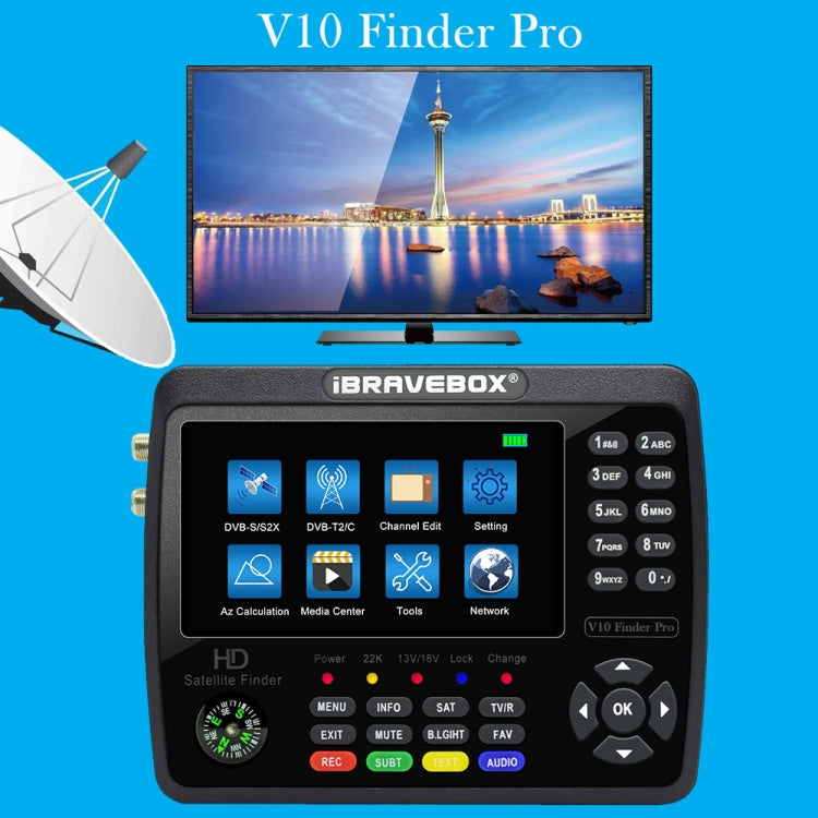 iBRAVEBOX V10 Finder Pro เครื่องวัดสัญญาณดาวเทียมดิจิทัลหน้าจอ 4.3 นิ้ว รองรับ DVB-S/S2/S2X/T/T2/C ปลั๊ก EU, US, UK, AU