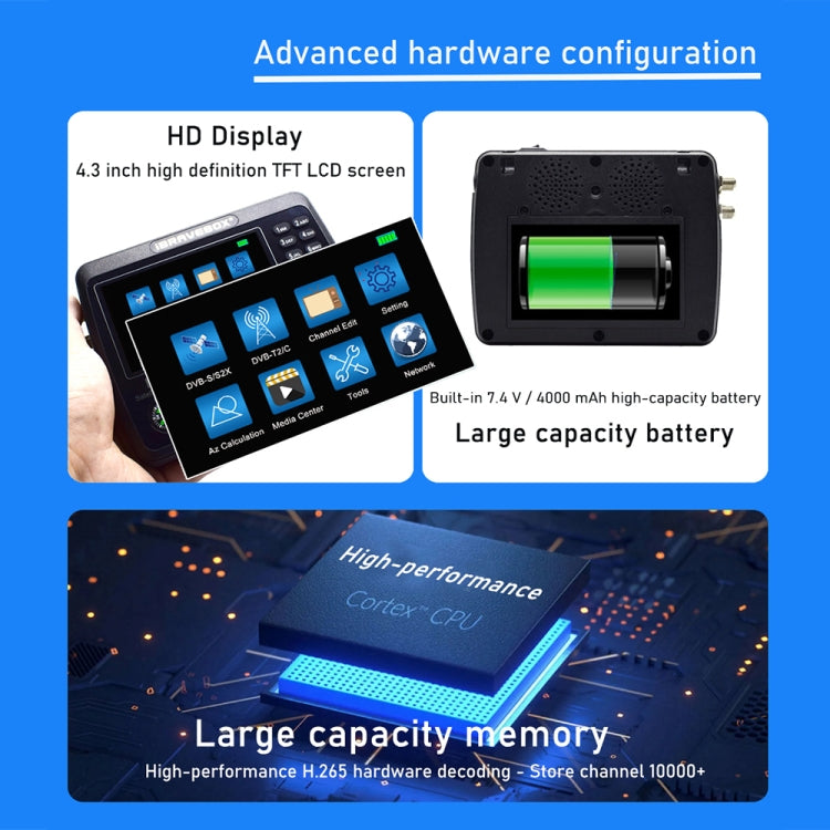 iBRAVEBOX V10 Finder Pro เครื่องวัดสัญญาณดาวเทียมดิจิทัลหน้าจอ 4.3 นิ้ว รองรับ DVB-S/S2/S2X/T/T2/C ปลั๊ก EU, US, UK, AU