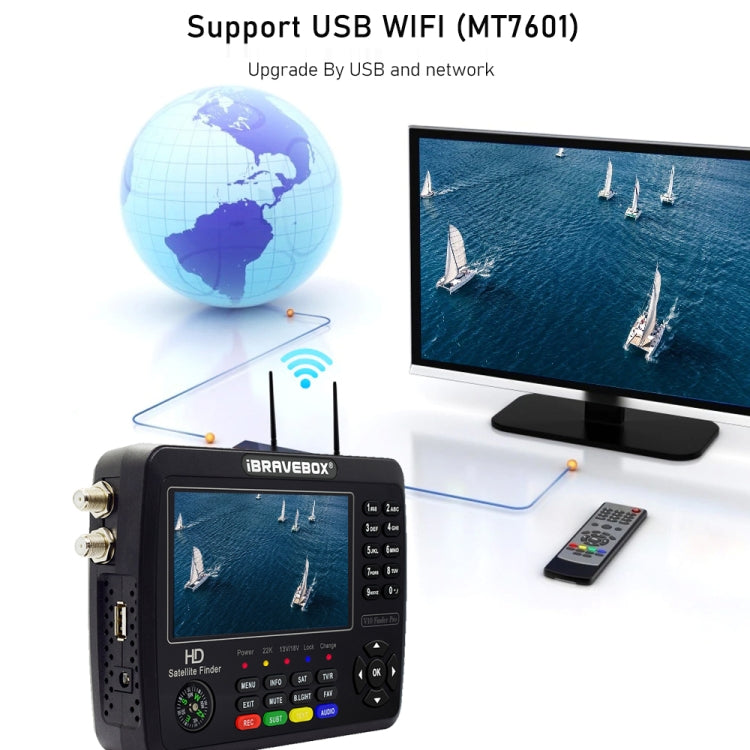 iBRAVEBOX V10 Finder Pro เครื่องวัดสัญญาณดาวเทียมดิจิทัลหน้าจอ 4.3 นิ้ว รองรับ DVB-S/S2/S2X/T/T2/C ปลั๊ก EU, US, UK, AU