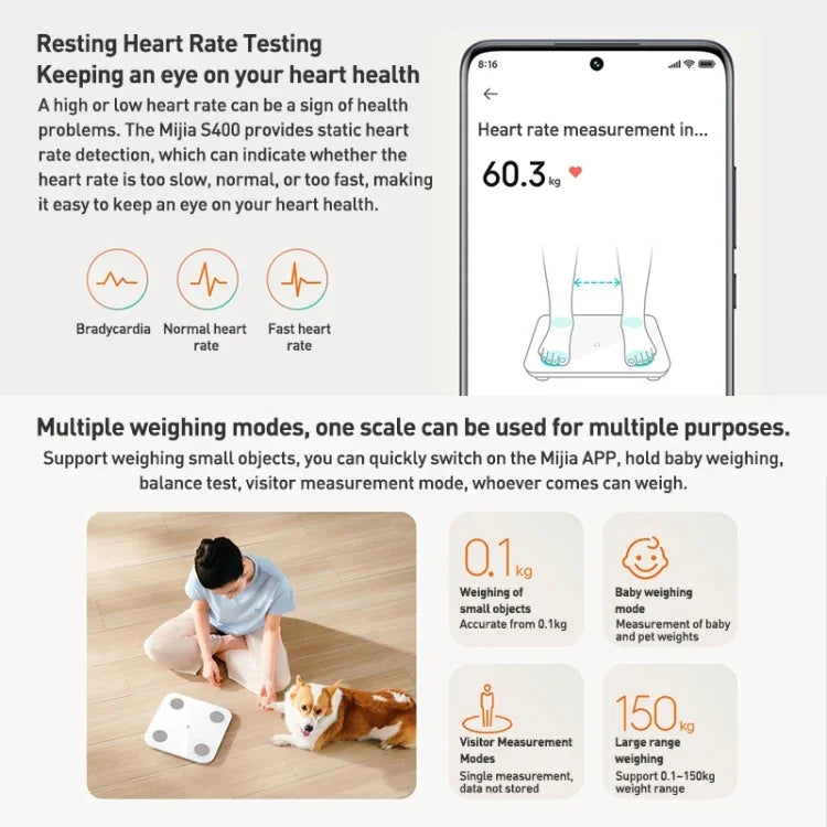 เครื่องชั่งไขมันในร่างกายสมาร์ทโฮม Xiaomi Mijia รุ่น S400 BT5.0 พร้อมจอ LED วัดความถี่คู่, เครื่องชั่งไขมันในร่างกาย S400