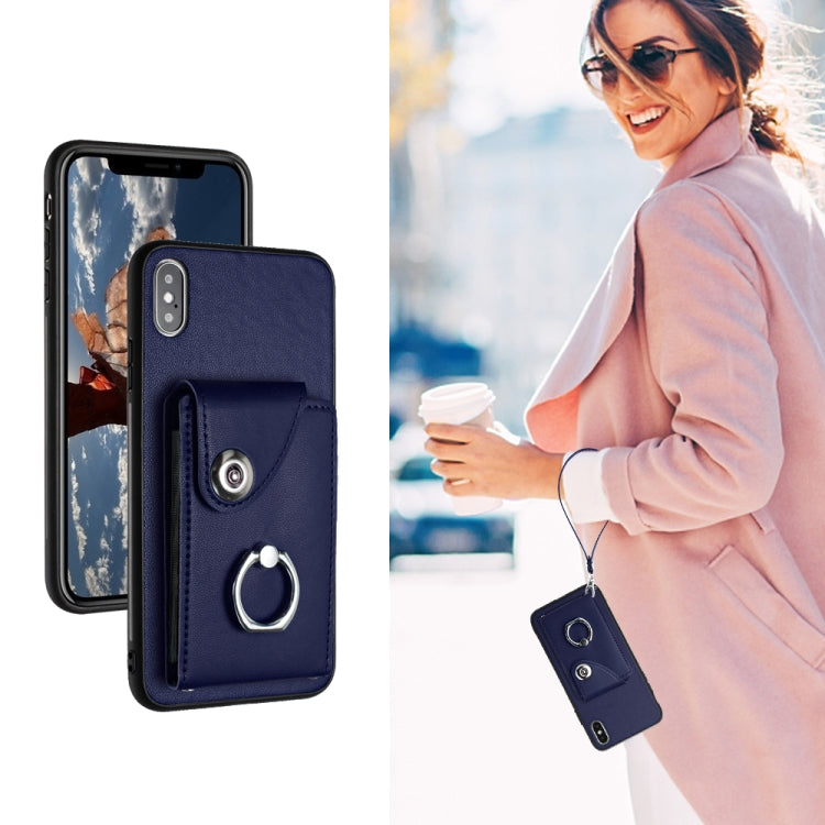 เคสโทรศัพท์ PU พร้อมที่ใส่บัตรและแหวนจับ พร้อมสายคล้อง สำหรับ iPhone XS / X, สำหรับ iPhone XR, สำหรับ iPhone XS Max, สำหรับ iPhone 8 Plus / 7 Plus
