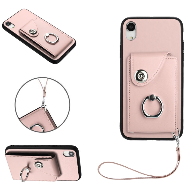 เคสโทรศัพท์ PU พร้อมที่ใส่บัตรและแหวนจับ พร้อมสายคล้อง สำหรับ iPhone XS / X, สำหรับ iPhone XR, สำหรับ iPhone XS Max, สำหรับ iPhone 8 Plus / 7 Plus