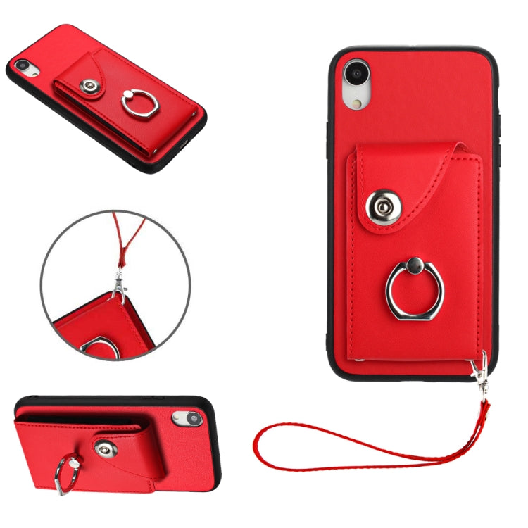 เคสโทรศัพท์ PU พร้อมที่ใส่บัตรและแหวนจับ พร้อมสายคล้อง สำหรับ iPhone XS / X, สำหรับ iPhone XR, สำหรับ iPhone XS Max, สำหรับ iPhone 8 Plus / 7 Plus