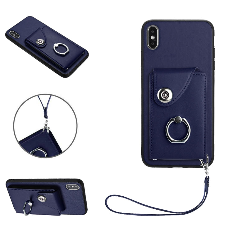 เคสโทรศัพท์ PU พร้อมที่ใส่บัตรและแหวนจับ พร้อมสายคล้อง สำหรับ iPhone XS / X, สำหรับ iPhone XR, สำหรับ iPhone XS Max, สำหรับ iPhone 8 Plus / 7 Plus