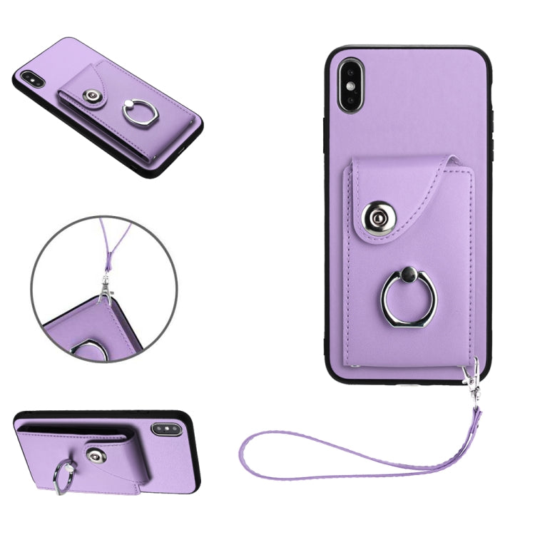 เคสโทรศัพท์ PU พร้อมที่ใส่บัตรและแหวนจับ พร้อมสายคล้อง สำหรับ iPhone XS / X, สำหรับ iPhone XR, สำหรับ iPhone XS Max, สำหรับ iPhone 8 Plus / 7 Plus