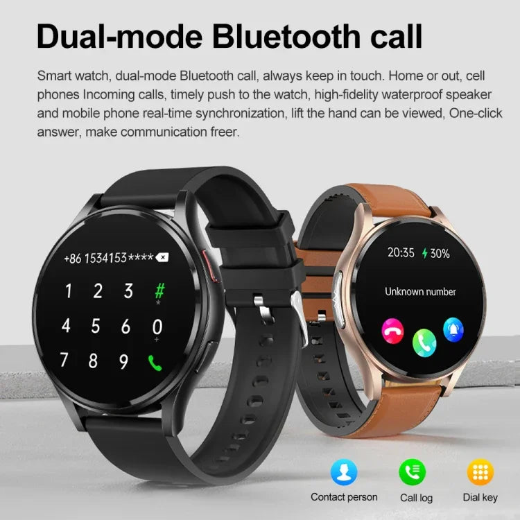 นาฬิกาอัจฉริยะสายหนัง 1.43 นิ้ว รองรับการโทร Bluetooth และ ECG / ตรวจน้ำตาลในเลือดแบบไม่รุกราน, สายหนังสีดำ, สายหนังสีน้ำตาล