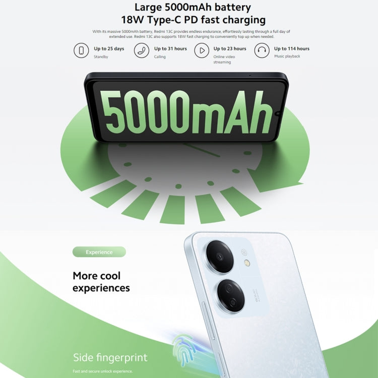 Xiaomi Redmi 13C 5G, 6.74 นิ้ว MIUI 14 MediaTek Dimensity 6100+ Octa Core 2.2GHz, NFC, เครือข่าย: 5G, ไม่รองรับ Google Play, 6GB+128GB