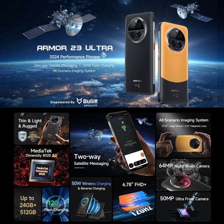 Ulefone Armor 23 โทรศัพท์กันกระแทก Ultra Rugged, 6.78 นิ้ว Android 13 MediaTek Dimensity 8020 Octa Core สูงสุด 2.6GHz, เครือข่าย: 5G, NFC, OTG, ส่งข้อความผ่านดาวเทียม, 12GB+512GB