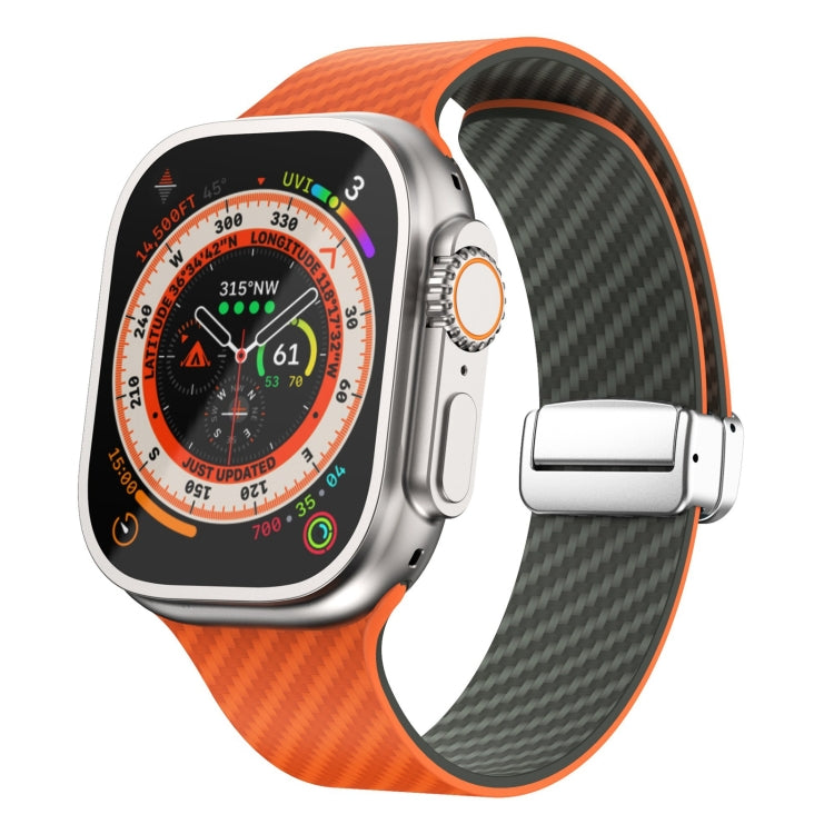 สายรัดนาฬิกาหัวเข็มขัดแม่เหล็กสีเงินลายคาร์บอนไฟเบอร์ สำหรับ Apple Watch Series 9 ขนาด 45 มม., สำหรับ Apple Watch Series 9 ขนาด 41 มม., สำหรับ Apple Watch Ultra ขนาด 49 มม.