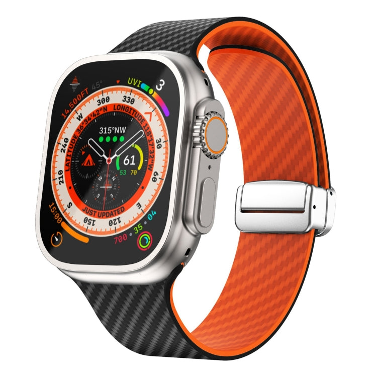 สายรัดนาฬิกาหัวเข็มขัดแม่เหล็กสีเงินลายคาร์บอนไฟเบอร์ สำหรับ Apple Watch Series 9 ขนาด 45 มม., สำหรับ Apple Watch Series 9 ขนาด 41 มม., สำหรับ Apple Watch Ultra ขนาด 49 มม.