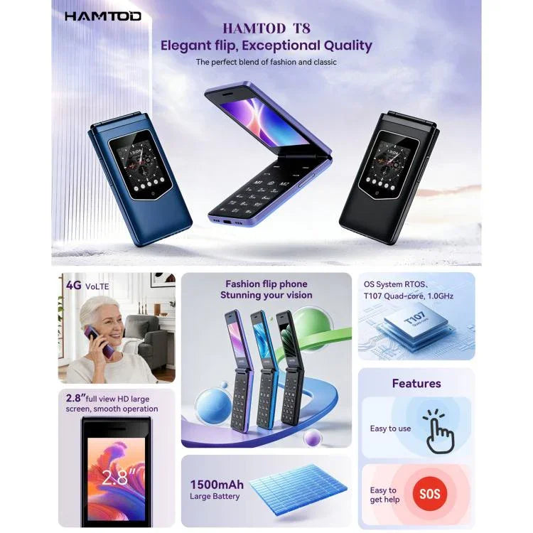 HAMTOD T8 โทรศัพท์ฝาพับ 4G, 2.8 นิ้ว + 1.77 นิ้ว, VoLTE, BT, SOS, OTG, รุ่นยุโรป