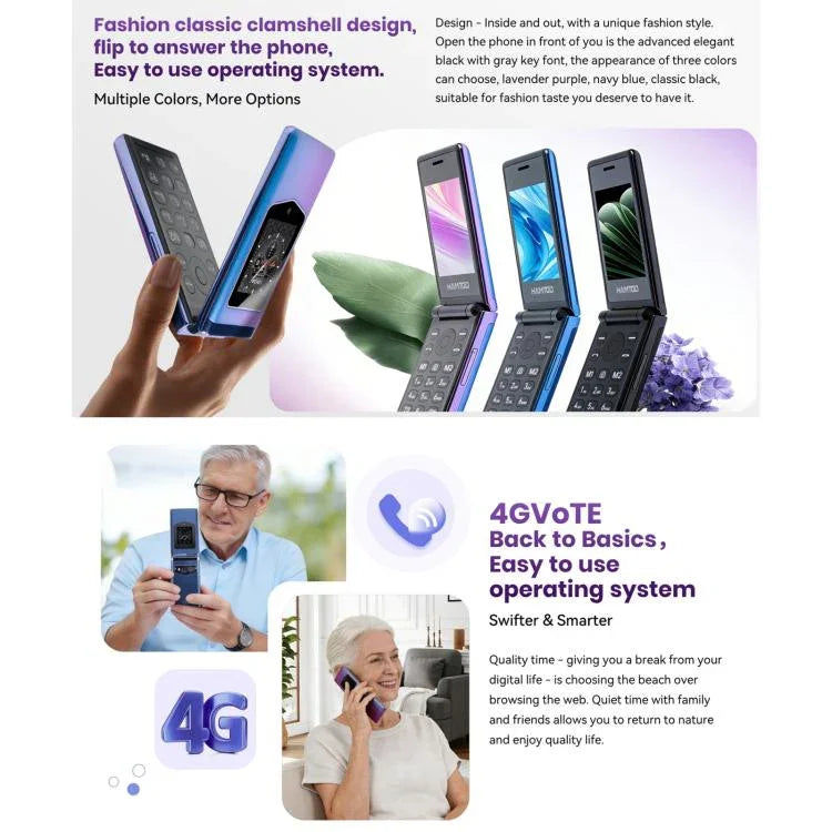 HAMTOD T8 โทรศัพท์ฝาพับ 4G, 2.8 นิ้ว + 1.77 นิ้ว, VoLTE, BT, SOS, OTG, รุ่นยุโรป