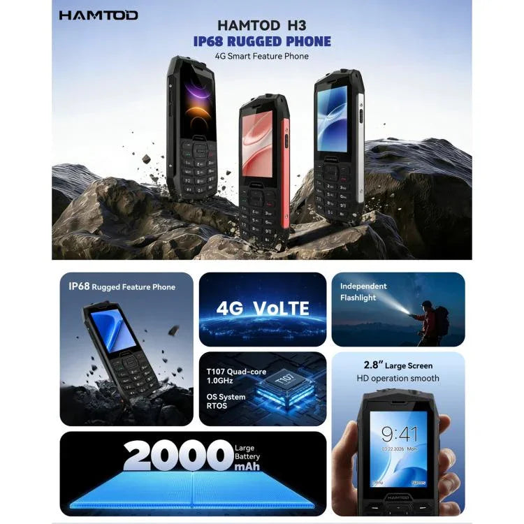 HAMTOD H3 โทรศัพท์กันกระแทก, 2.8 นิ้ว T107 ARM CortexTM A7 Quad-core 1.0GHz, เครือข่าย: 4G, VoLTE, BT, SOS, รุ่นยุโรป