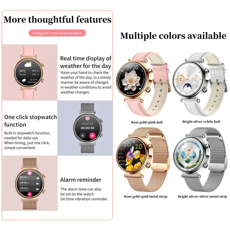 T86 นาฬิกาอัจฉริยะสุขภาพผู้หญิง 1.27 นิ้ว รองรับการโทร Bluetooth / วงรอบประจำเดือน / อัตราการเต้นของหัวใจ / ความดันโลหิต / น้ำตาลในเลือด / ปุ่ม SOS