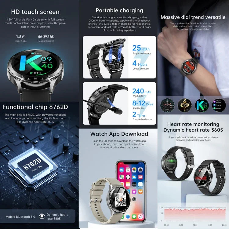 X10 นาฬิกาอัจฉริยะพร้อมหูฟัง ขนาด 1.39 นิ้ว กันน้ำ รองรับการโทร Bluetooth / NFC / อัตราการเต้นของหัวใจ