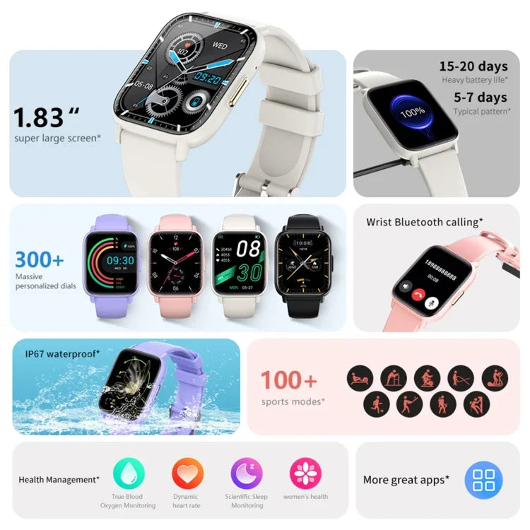 DM60+ นาฬิกาอัจฉริยะกีฬา BT5.2 ขนาด 1.83 นิ้ว รองรับการโทร Bluetooth / ตรวจการนอน / น้ำตาลในเลือด / ออกซิเจนในเลือด / อุณหภูมิ / อัตราการเต้นของหัวใจ / ความดันโลหิต