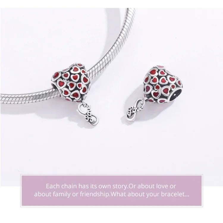 สร้อยข้อมือและสร้อยคอ DIY ประดับลูกปัดหัวใจสีแดงเงินสเตอร์ลิง S925