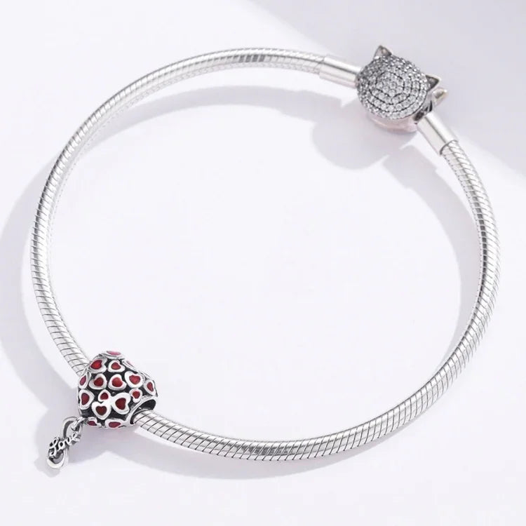 สร้อยข้อมือและสร้อยคอ DIY ประดับลูกปัดหัวใจสีแดงเงินสเตอร์ลิง S925