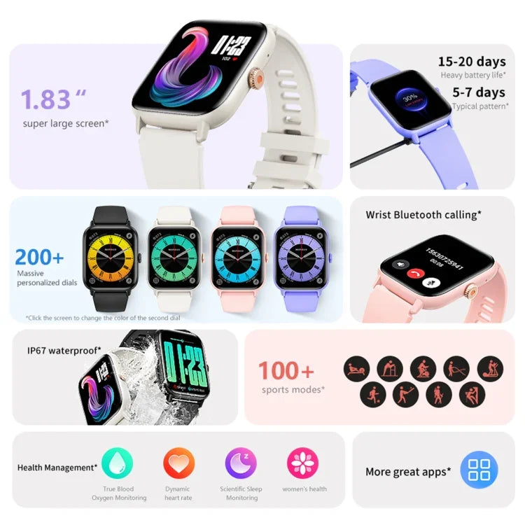 QS13 นาฬิกาอัจฉริยะกีฬา BT5.2 ขนาด 1.83 นิ้ว รองรับการโทรผ่านบลูทูธ / การนอน / น้ำตาลในเลือด / ปริมาณออกซิเจนในเลือด / อัตราการเต้นของหัวใจ / ความดันโลหิต