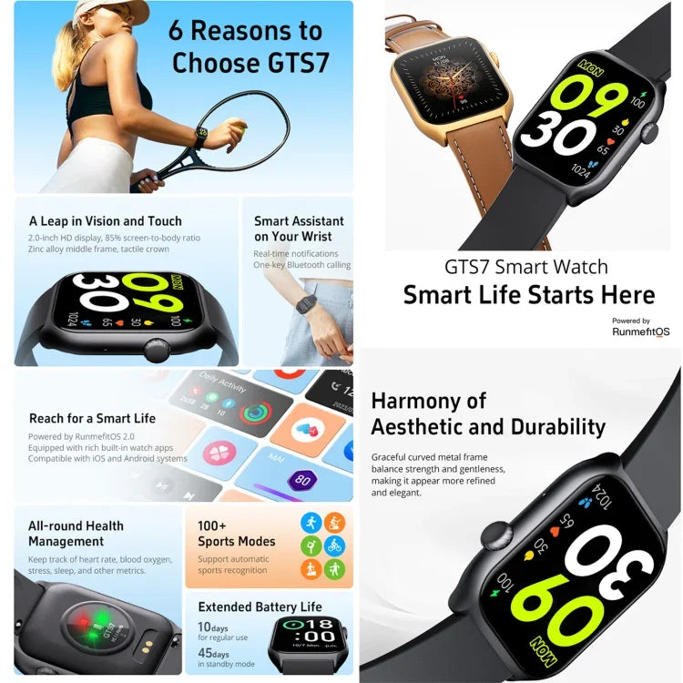 GTS7 นาฬิกาอัจฉริยะสุขภาพและฟิตเนสขนาด 2.0 นิ้ว รองรับการโทรผ่านบลูทูธ / อัตราการเต้นของหัวใจ / ความดันโลหิต / MET