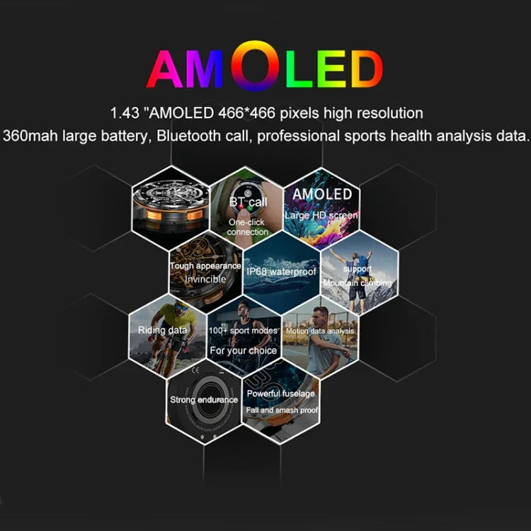 AK59 สมาร์ทวอทช์หน้าจอ AMLOED กลม 1.43 นิ้ว สายเหล็ก