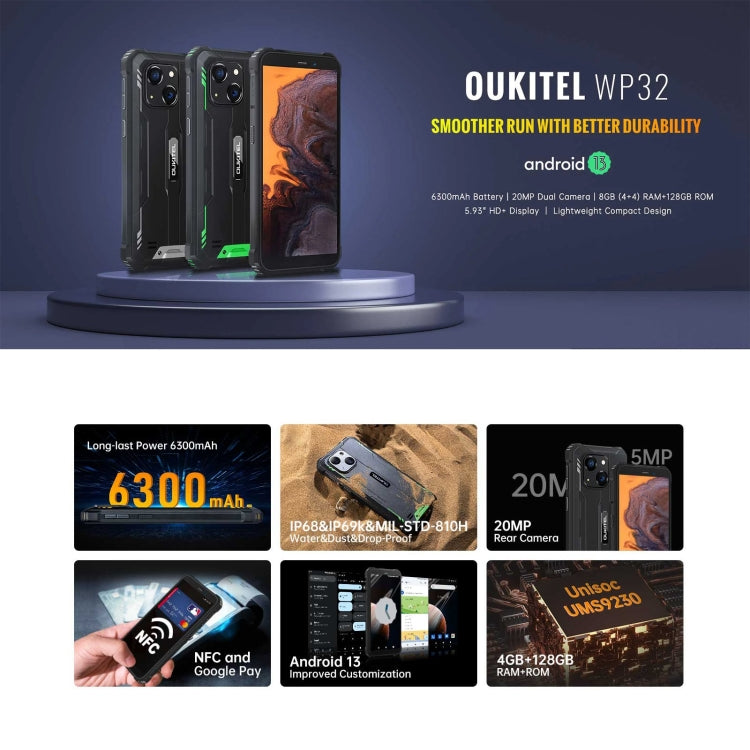 Oukitel WP32, IP68/IP69K, 5.93 นิ้ว Android 13 Unisoc Tiger T606 Octa-core, NFC, OTG, เครือข่าย: 4G, 4GB+128GB