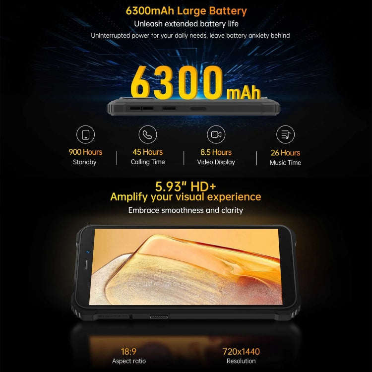 Oukitel WP32, IP68/IP69K, 5.93 นิ้ว Android 13 Unisoc Tiger T606 Octa-core, NFC, OTG, เครือข่าย: 4G, 4GB+128GB