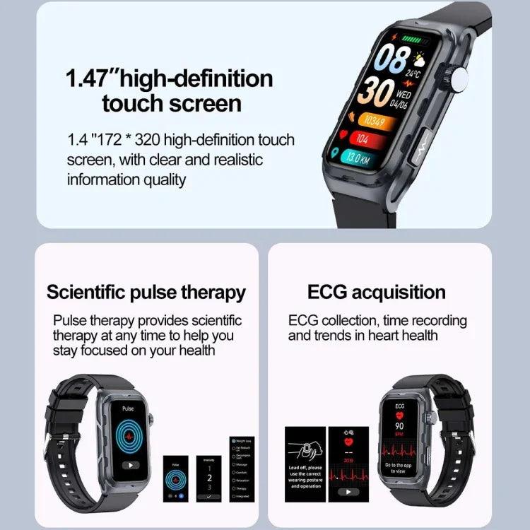 TK79 สมาร์ทวอทช์กันน้ำ IP68 ขนาด 1.47 นิ้ว รองรับ ECG / ตรวจวัดน้ำตาลในเลือด / ตรวจวัดออกซิเจนในเลือด / กรดยูริก