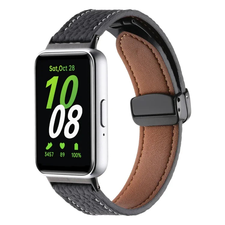 สายหนังหัวเข็มขัดแม่เหล็กสีดำลายลิ้นจี่ สำหรับ Samsung Galaxy Fit 3