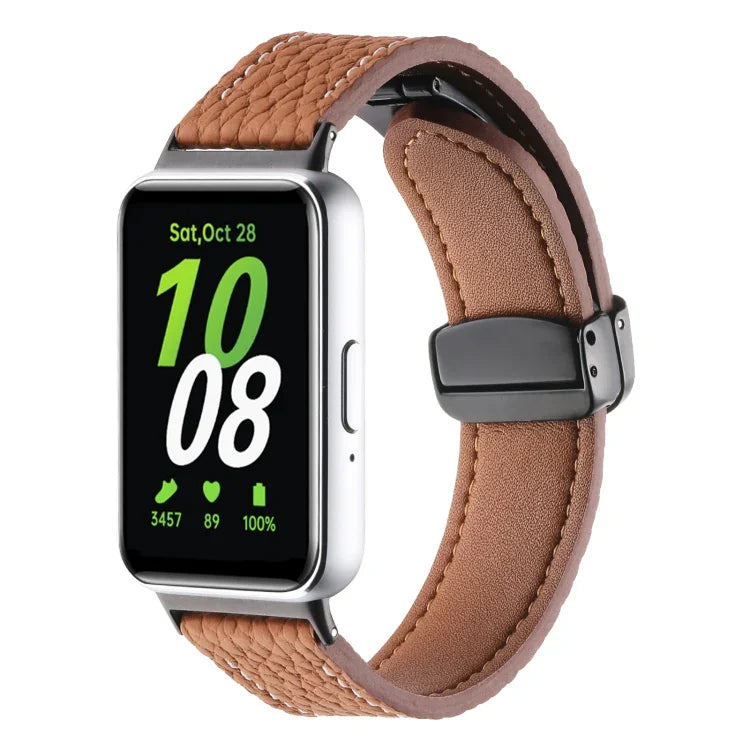 สายหนังหัวเข็มขัดแม่เหล็กสีดำลายลิ้นจี่ สำหรับ Samsung Galaxy Fit 3