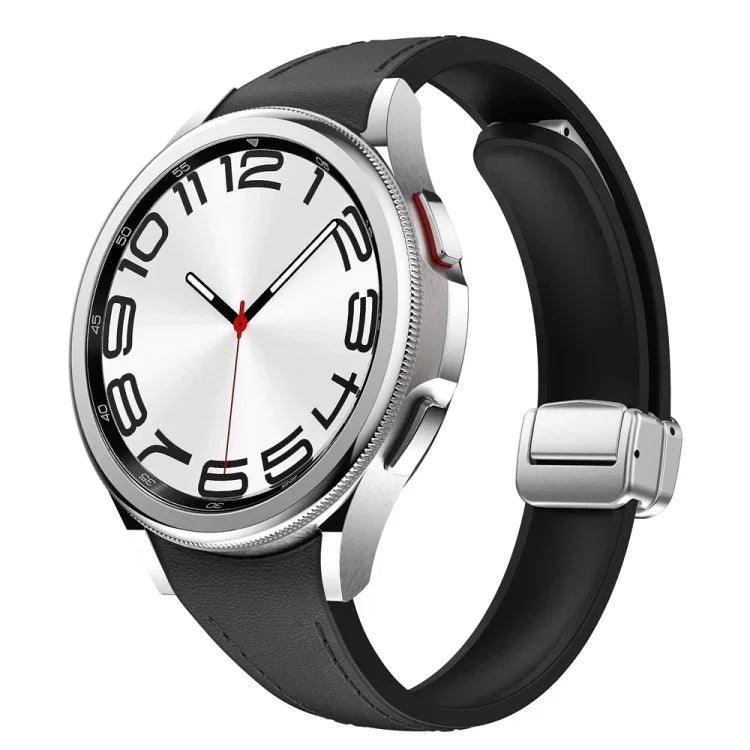 สายซิลิโคนหนังพร้อมหัวเข็มขัดแม่เหล็กสีเงินบาง สำหรับ Samsung Galaxy Watch 6