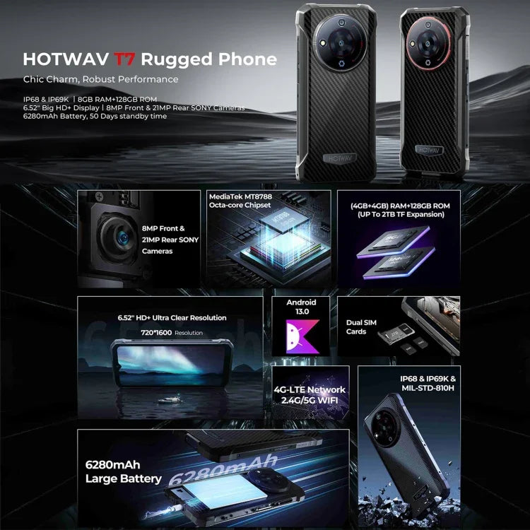 HOTWAV T7 โทรศัพท์กันกระแทก, แบตเตอรี่ 6280mAh, 6.52 นิ้ว Android 13 MT8788 Octa Core, เครือข่าย: 4G, OTG, 4GB+128GB