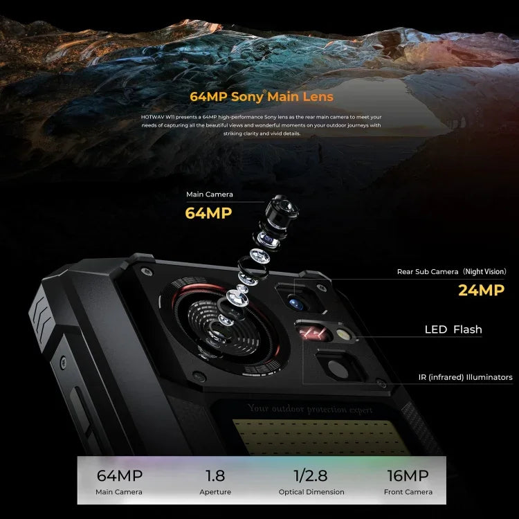 HOTWAV W11 โทรศัพท์กันกระแทก, มองเห็นในที่มืด, แบตเตอรี่ 20800mAh, 6.6 นิ้ว Android 13 MT8788 Octa Core, เครือข่าย: 4G, OTG, บันทึกการโทร, 6GB+256GB