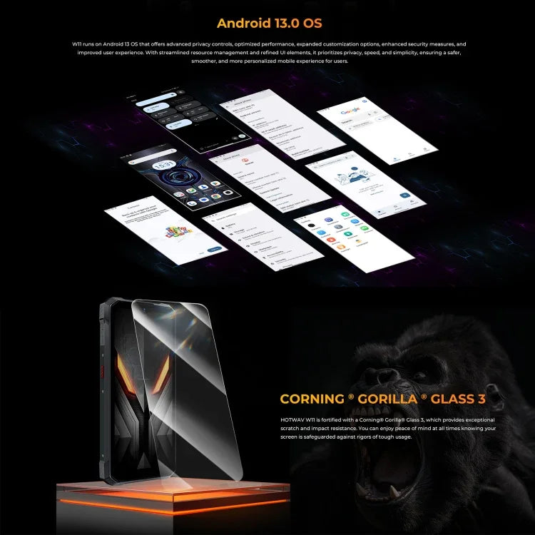 HOTWAV W11 โทรศัพท์กันกระแทก, มองเห็นในที่มืด, แบตเตอรี่ 20800mAh, 6.6 นิ้ว Android 13 MT8788 Octa Core, เครือข่าย: 4G, OTG, บันทึกการโทร, 6GB+256GB