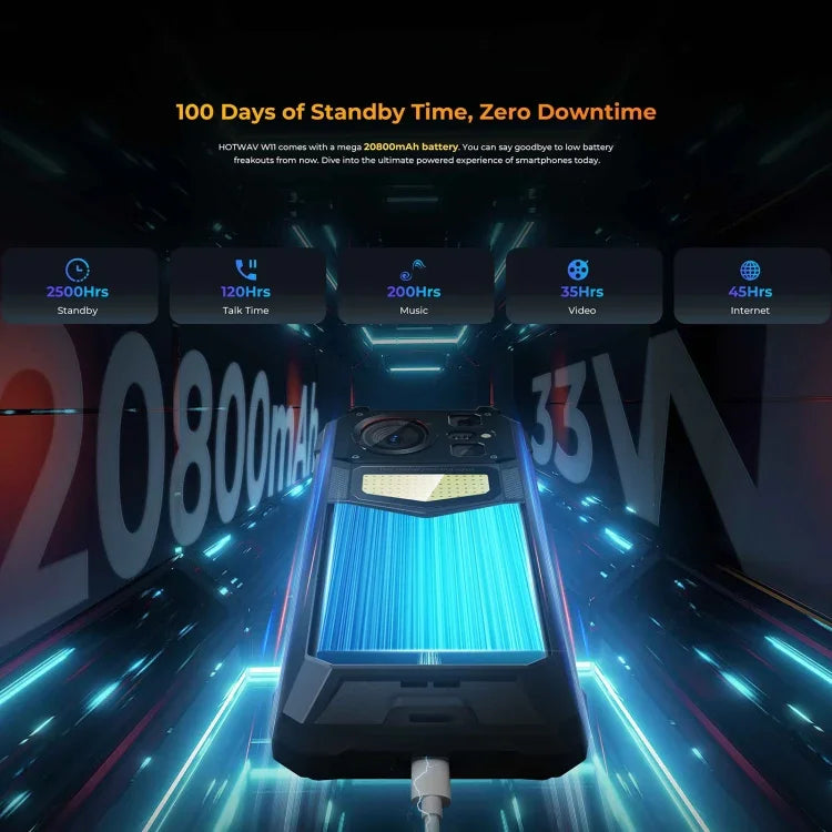 HOTWAV W11 โทรศัพท์กันกระแทก, มองเห็นในที่มืด, แบตเตอรี่ 20800mAh, 6.6 นิ้ว Android 13 MT8788 Octa Core, เครือข่าย: 4G, OTG, บันทึกการโทร, 6GB+256GB