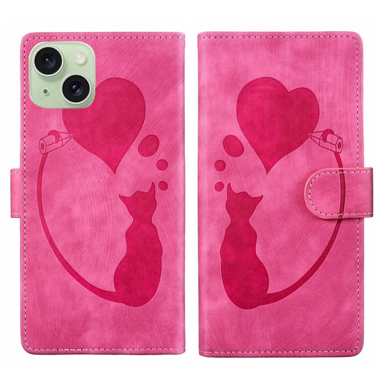 เคสโทรศัพท์หนังปั๊มลายปากกา หัวใจ แมว สำหรับ iPhone 17 Pro Max, สำหรับ iPhone 17 Pro, สำหรับ iPhone 17, สำหรับ iPhone Air, สำหรับ iPhone 15 Pro Max, สำหรับ iPhone 15 Pro, สำหรับ iPhone 15 Plus, สำหรับ iPhone 15