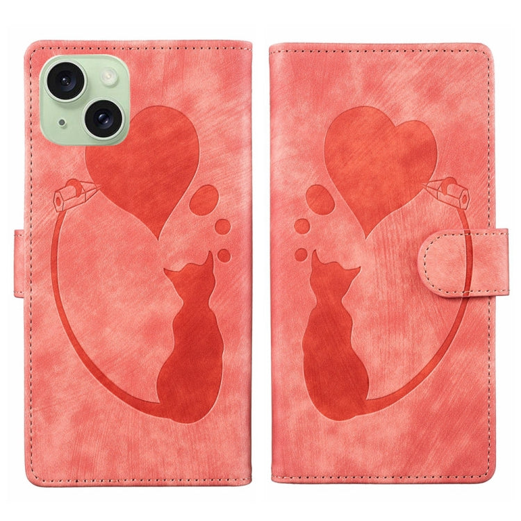 เคสโทรศัพท์หนังปั๊มลายปากกา หัวใจ แมว สำหรับ iPhone 17 Pro Max, สำหรับ iPhone 17 Pro, สำหรับ iPhone 17, สำหรับ iPhone Air, สำหรับ iPhone 15 Pro Max, สำหรับ iPhone 15 Pro, สำหรับ iPhone 15 Plus, สำหรับ iPhone 15
