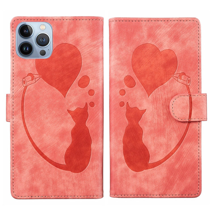 เคสโทรศัพท์หนังปั๊มลายปากกา หัวใจ แมว สำหรับ iPhone 14 Plus, สำหรับ iPhone 14, สำหรับ iPhone 14 Pro, สำหรับ iPhone 14 Pro Max, สำหรับ iPhone 7 / 8 / SE 2022, สำหรับ iPhone 13 Pro Max, สำหรับ iPhone 13 Pro, สำหรับ iPhone 13