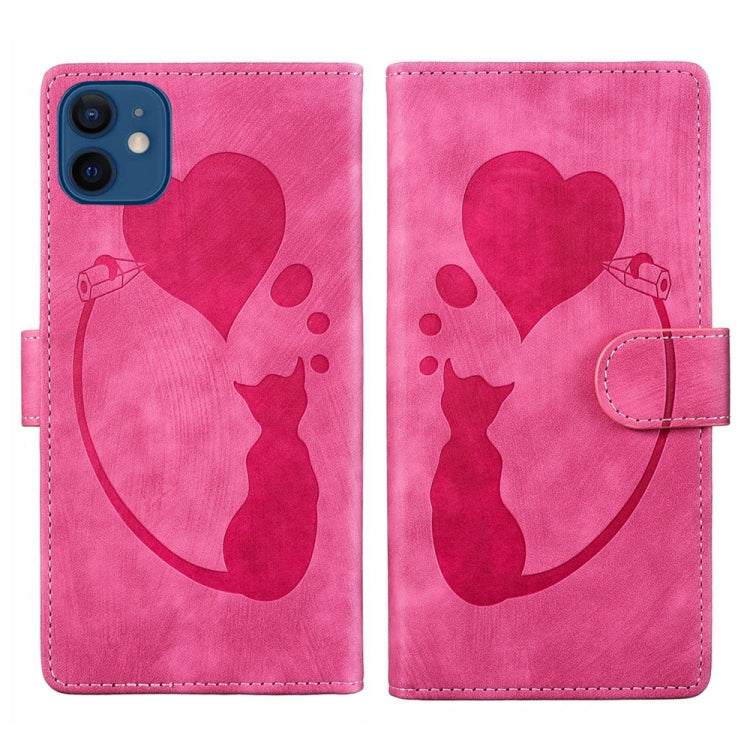เคสโทรศัพท์หนังปั๊มลายปากกาและหัวใจแมว สำหรับ iPhone 13 mini, สำหรับ iPhone 12, สำหรับ iPhone 12 Pro Max, สำหรับ iPhone 12 Pro, สำหรับ iPhone 12 mini, สำหรับ iPhone 11 Pro Max, สำหรับ iPhone 11, สำหรับ iPhone 11 Pro