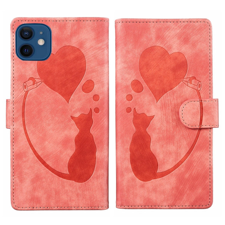 เคสโทรศัพท์หนังปั๊มลายปากกาและหัวใจแมว สำหรับ iPhone 13 mini, สำหรับ iPhone 12, สำหรับ iPhone 12 Pro Max, สำหรับ iPhone 12 Pro, สำหรับ iPhone 12 mini, สำหรับ iPhone 11 Pro Max, สำหรับ iPhone 11, สำหรับ iPhone 11 Pro