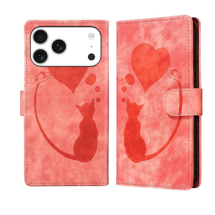 เคสโทรศัพท์หนังปั๊มลายปากกา หัวใจ แมว สำหรับ iPhone 17 Pro Max, สำหรับ iPhone 17 Pro, สำหรับ iPhone 17, สำหรับ iPhone Air, สำหรับ iPhone 15 Pro Max, สำหรับ iPhone 15 Pro, สำหรับ iPhone 15 Plus, สำหรับ iPhone 15