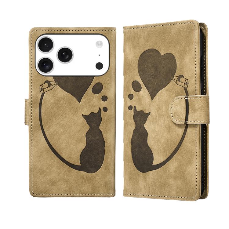 เคสโทรศัพท์หนังปั๊มลายปากกา หัวใจ แมว สำหรับ iPhone 17 Pro Max, สำหรับ iPhone 17 Pro, สำหรับ iPhone 17, สำหรับ iPhone Air, สำหรับ iPhone 15 Pro Max, สำหรับ iPhone 15 Pro, สำหรับ iPhone 15 Plus, สำหรับ iPhone 15