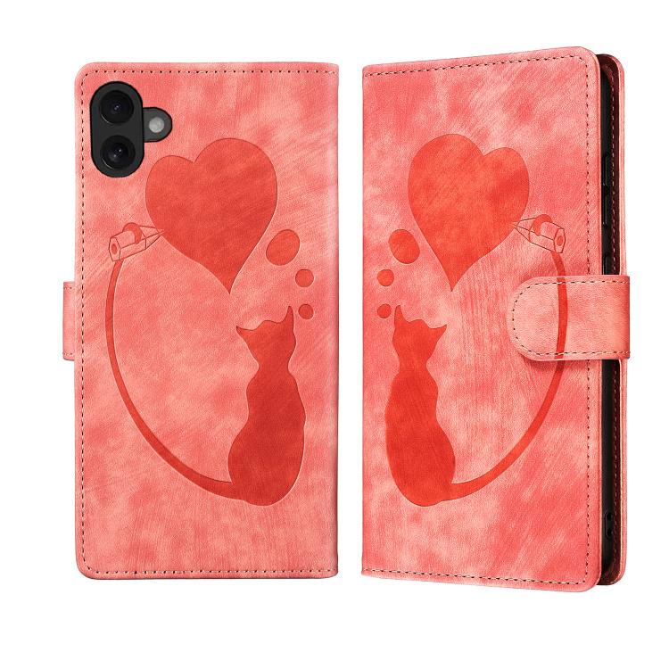 เคสโทรศัพท์หนังปั๊มลายปากกา หัวใจ แมว สำหรับ iPhone 17 Pro Max, สำหรับ iPhone 17 Pro, สำหรับ iPhone 17, สำหรับ iPhone Air, สำหรับ iPhone 15 Pro Max, สำหรับ iPhone 15 Pro, สำหรับ iPhone 15 Plus, สำหรับ iPhone 15