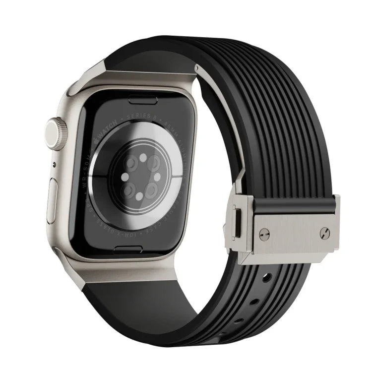 Vertical Texture Titanium Buckle Elastic Silicone Watch Band, For Apple Watch SE 44mm, For Apple Watch Series 6 44mm, For Apple Watch Series 5 44mm, For Apple Watch Series 4 44mm, For Apple Watch Series 3 42mm, For Apple Watch Series 2 42mm            ...