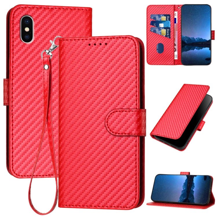 เคสโทรศัพท์หนังพร้อมหัวเข็มขัดคาร์บอนไฟเบอร์และสายคล้อง สำหรับ iPhone XS Max, สำหรับ iPhone 8 Plus / 7 Plus