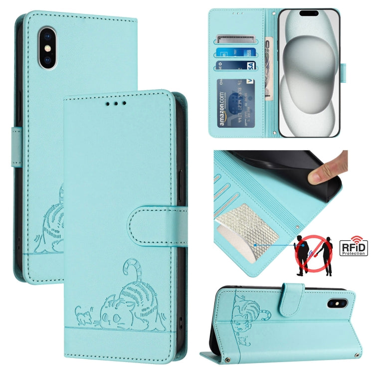 กระเป๋าโทรศัพท์หนังลายปั๊มแมวหนูพร้อม RFID และสายคล้อง สำหรับ iPhone 13 mini, สำหรับ iPhone 12/12 Pro, สำหรับ iPhone 12 Pro Max, สำหรับ iPhone 12 mini, สำหรับ iPhone 11 Pro Max, สำหรับ iPhone 11, สำหรับ iPhone 11 Pro, สำหรับ iPhone XS / X