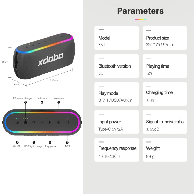 ลำโพงไร้สาย Xdobo X8 III BT5.3 IPX7 พร้อมไฟ RGB รองรับบลูทูธ/การ์ด TF/USB/AUX รุ่น X8 III