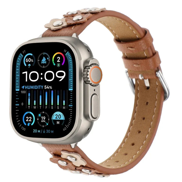 Stitched Flower Leather Watch Band, For Apple Watch SE 2023 44mm, For Apple Watch SE 2023 40mm, For Apple Watch Ultra 2 49mm, For Apple Watch Series 9 45mm, For Apple Watch Series 9 41mm, For Apple Watch Ultra 49mm, For Apple Watch Series 8 41mm       ...