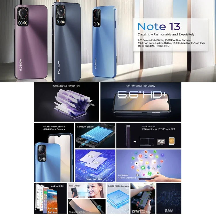 HOTWAV Note 13, สแกนลายนิ้วมือด้านข้าง, 6.6 นิ้ว Android 13 T606 Octa Core สูงสุด 1.6GHz, เครือข่าย: 4G, OTG, 4GB+128GB