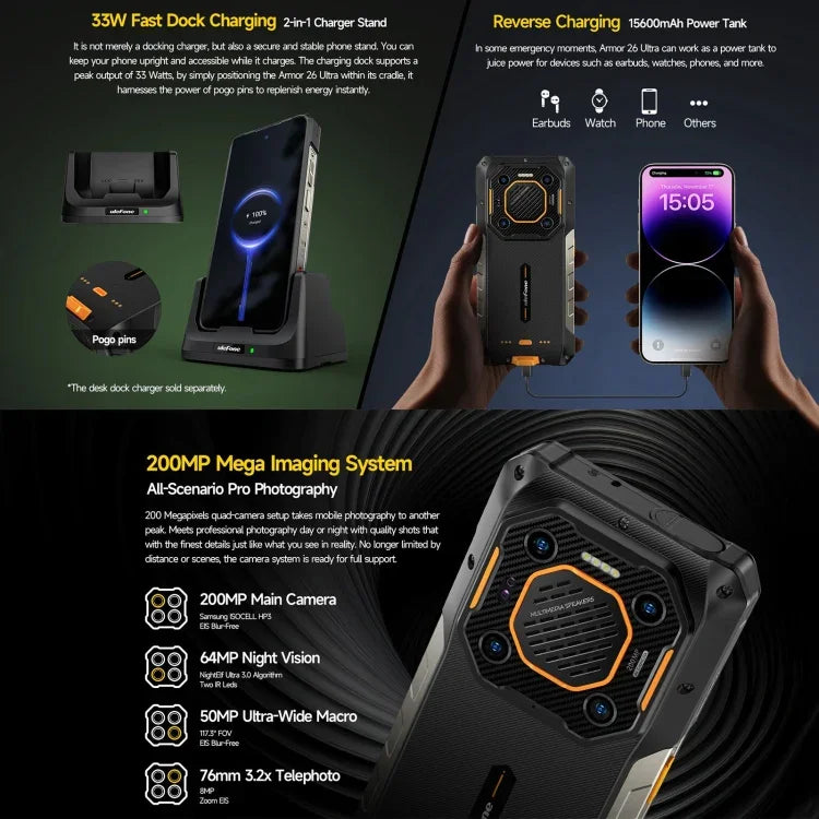 Ulefone Armor 26 Ultra โทรศัพท์กันกระแทก, 6.78 นิ้ว Android 13 MediaTek Dimensity 8020 Octa Core, เครือข่าย: 5G, NFC, 12GB+512GB